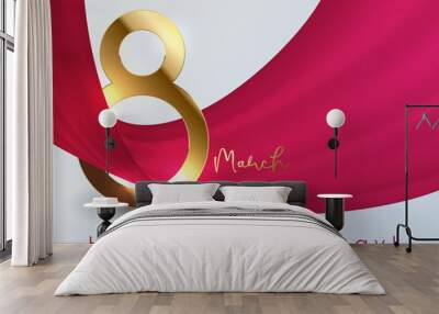 Elegant 8 March banner with gold 3d number 8 and flying pink red cloth ribbon on white background. March gold line luxury text, Happy Women's Day vector stylish design illustration Wall mural