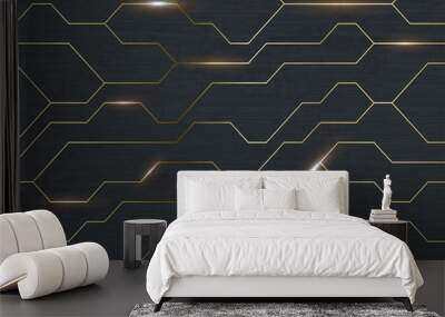 Seamless vector futuristic dark iron techno texture. Golden abstract electron energy line on brushed black metal background. Power vein light tech pattern Wall mural