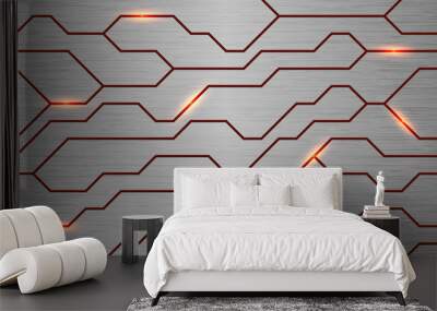 Seamless vector futuristic techno texture. Abstract energy line on brushed metal background. Power vein light tech pattern. Wall mural