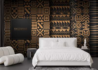 Seamless vector hand drawn golden ethnic pattern set. Abstract gold background on black. Dark tribal indian Navajo print collection. Web page fill Aztec seamless native folk wrapping paper texture Wall mural