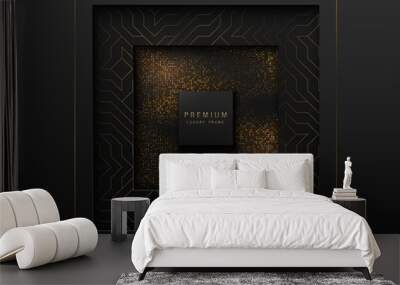 Vector black and gold abstract square luxury frame. Geometric golden pattern, sparkling sequins on black background. Premium label design Wall mural