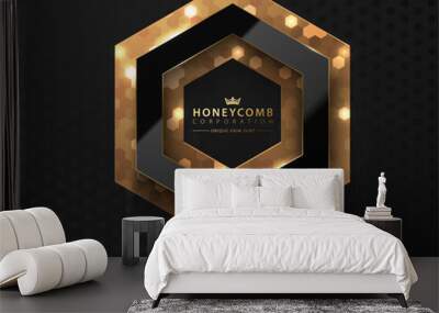 Vector black hexagon. Glossy luxury dark and golden line frame. Honeycomb shape border logo header on gold hex glitter layer. Realistic glass frame on black silk pattern background Wall mural