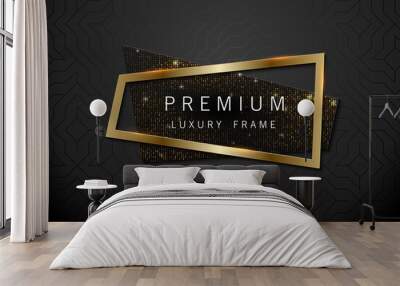 Vector geometric sparkling sequins banner with golden frame on black pattern background. Premium label design for logo or cover tagline Wall mural