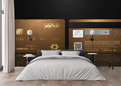 Vector realistic gold credit card with abstract folk geometric background. Golden credit card luxury design template. Bank presentation with hologram, qr-code and magnetic strip. Aztec pattern Wall mural