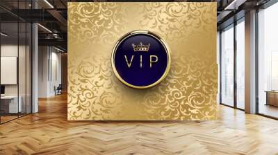 Vip blue label with round golden ring frame crown on gold floral background. Royal glossy premium template. Vector luxury illustration. Vintage invitation or announcement card design Wall mural