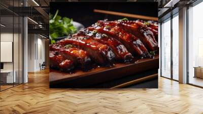  A wooden cutting board is covered in a pool of dark sauce and holds a rack of glazed ribs. Chopsticks sit next to the board and some green herbs can be seen in the background. Wall mural