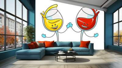 Glass with red and white wine. Vector flat cartoon color icon with emotions Wall mural