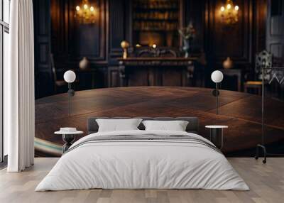 An empty round wooden table top in a dark vintage hall, a simple blur dark stylish background Wall mural