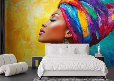 Colorful art portrait of a black woman with modern turban. African culture and fashion Wall mural