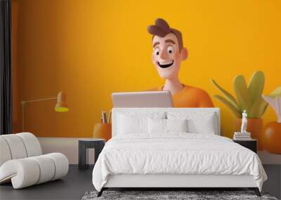 3D cartoon of smiling man working on laptop in orange shirt Wall mural