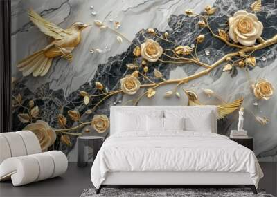 3d golden birds flying on marble background with golden rosses wallpaper Wall mural