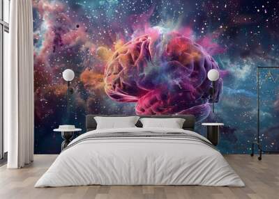 A digital painting of a brain exploding into a cloud of tiny, colorful particles Wall mural