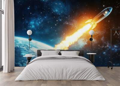 A rocket ship blasting off into space Wall mural