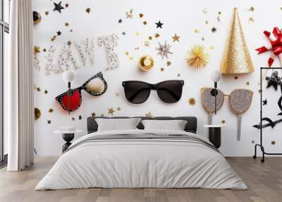 A set of glittery New Year Eve photo props including glasses and hats, laid out on a white background Wall mural