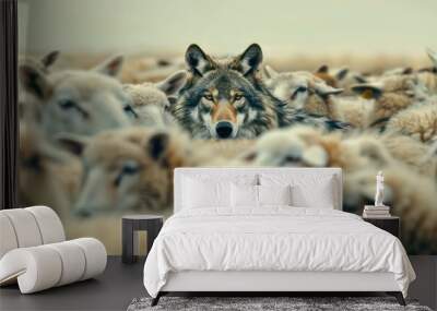 A wolf hiding among a flock of sheep, leading the way or waiting for the right moment to act Wall mural