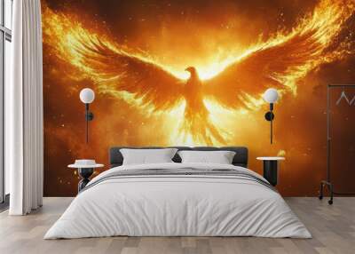 An illustration of a phoenix rising from the ashes, with its wings spread wide and flames surrounding it, symbolizing rebirth and rising to new heights Wall mural