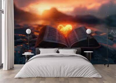 Bible the Word of God with an heart at sunset the Creation of God Wall mural