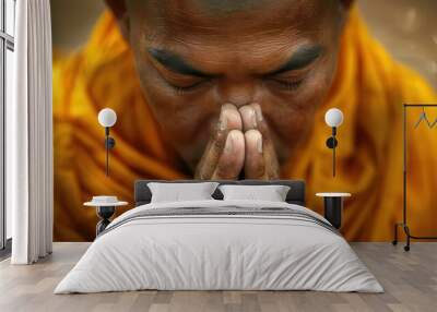 Buddhist monk close up with folded palms praying. A young Buddhist monk Wall mural