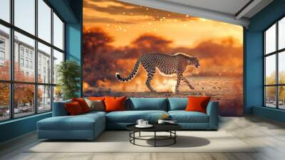 Cheetah going in savannah at sunset with double exposure. A beautiful leopard hunting in the African savanna. Beautiful safari print design, interior picture Wall mural