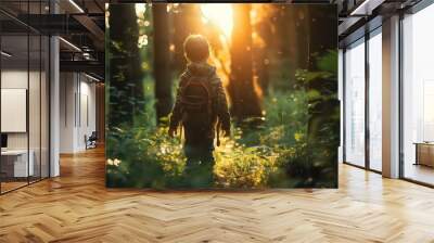 Child was lost in the forest. Little boy lost his way in the forest. A child walks through the green forest alone. Kid looks at into distance at green forest. Wall mural