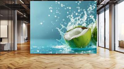 Coconut water splashing out of a fresh green coconut isolated on a pastel summer blue background with copy space Wall mural