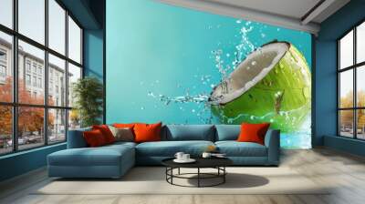 Coconut water splashing out of a fresh green coconut isolated on a pastel summer blue background with copy space Wall mural