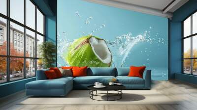 Coconut water splashing out of a fresh green coconut isolated on a pastel summer blue background with copy space Wall mural