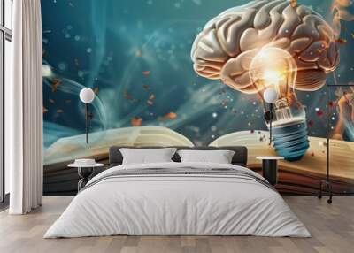 Concept of education and success. Online education, is a new idea. Collage with a brain, gears, and book. book of knowledge lightbulb brain Wall mural