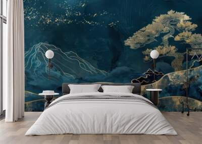 Dark blue mural wallpaper from the contemporary era tree, mountain and waves of gold on a dark blue backdrop depicting a jungle or forest Wall mural