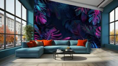 Dark jungle with neon lines and palm leaves night scene for tropical party background Wall mural