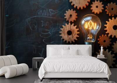 Education concept image. Creative idea and innovation. Wooden gears light bulb metaphor over blackboard Wall mural