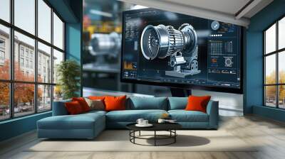 Engineering designer design 3D CAD software program Industrial engine model mechanical dimensional digital manufacturing factory engineer computer screen. 3d rendering. Wall mural