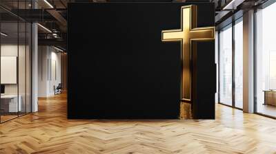 Gold prayer cross realistic illustration. Luxurious jewelry, elegant accessory under golden glitter rain. Precious metal jewel on black background. Christian faith, catholic religion symbol Wall mural