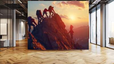 Group of team people helping work on peak mountain climbing teamwork , travel trekking winner success business concept Wall mural