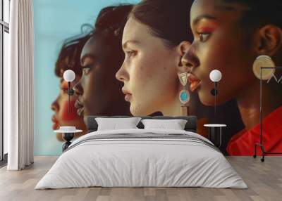 Group of women with big earrings. Sisterhood concept. Illustrations of 6 women with different skin color staying close to each other Wall mural