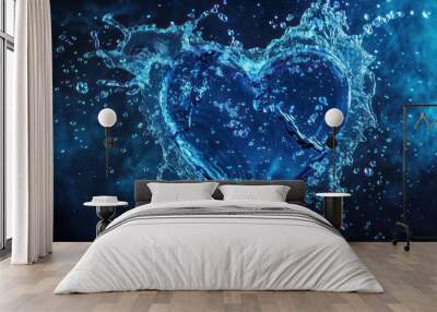 Heart splash of blue water isolated on dark blue background Wall mural