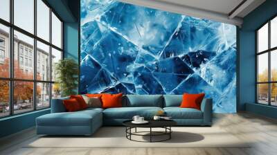 Ice texture cracks surface, abstract background winter ice transparent blue Wall mural