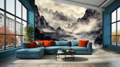 Ink and wash painting of misty mountains and river landscape Wall mural