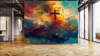 Jesus cross symbol on colorful clouds background Wall mural