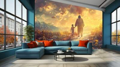 Jesus walking with a kid. Artistic composite image. Rear view. Conceptual  illustration Wall mural