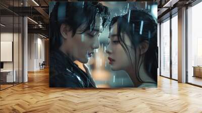 Korean couple like in a Korean drama with a modern man and woman with long beautiful hair Wall mural