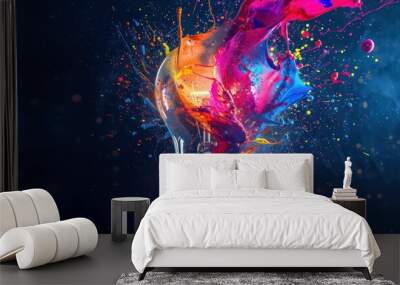 Lightbulb eureka moment with Impactful and inspiring artistic colourful explosion of paint energy Wall mural