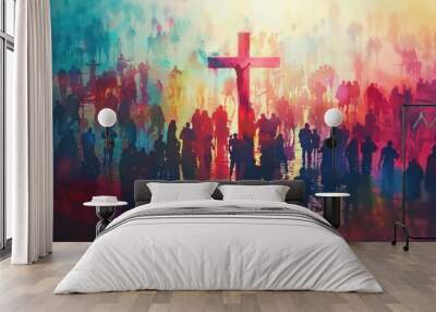 Many people around the cross, christian concept, modern painting Wall mural