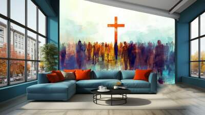 Many people around the cross, christian concept, modern painting Wall mural