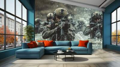 Military squad crossing the river under fire Wall mural