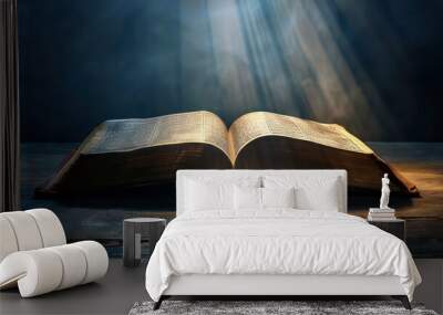 Open bible on a dark background with rays of light and smoke Wall mural