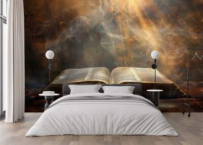 Open bible on a dark background with rays of light and smoke Wall mural