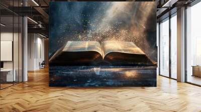 Open bible on a dark background with rays of light and smoke Wall mural