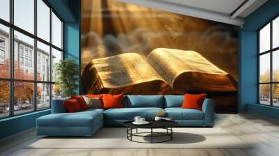 Open holy Bible book with christian cross and rays of ligh Wall mural