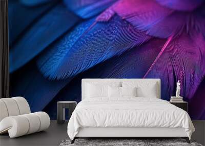 Plumage of tropical unusual fairy birds blue purple feathers as background Wall mural